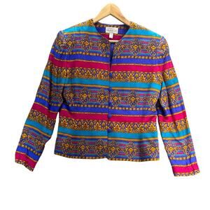 Adrianna Papell Vintage Gold Pink Blue Silk Gorgeous Button Up Jacket Women 10